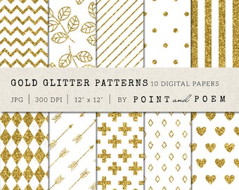 Gold Glitter Digital Paper, Gold Patterns, Background, Scrapbooking, Chevron, Stripes, Polka Dots - Commercial Use