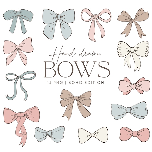 Bow clip art, Pink Beige Blue Boho Scandi Bows, Hand drawn bow clip art, Ribbon Clip Art, baby girl, ribbon graphic, commercial use