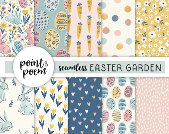 Easter Digital Papers, Spring Digital Papers, Doodle Rabbits and Flowers, Pink Blue Digital Paper, Hand drawn Patterns, Commercial Use