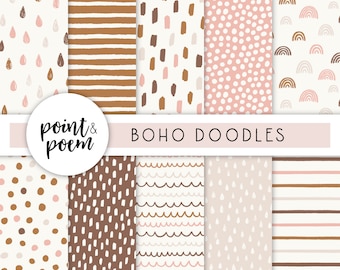 Doodle Digital Papers, Pink & Brown Boho Scandi Digital Paper Pack ...
