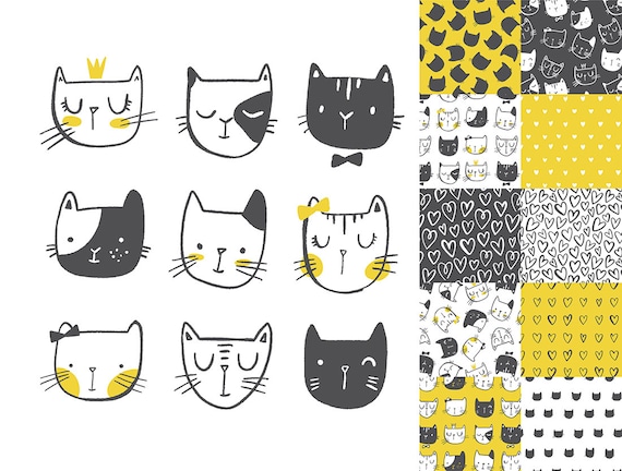 Clipart di gatto e carta digitale Doodle Cat faces ClipArt e carta digitale set senape gialla e nera uso commerciale Clipart di gatto e carta digitale Doodle Cat faces ClipArt e carta digitale set senape gialla e nera uso commerciale