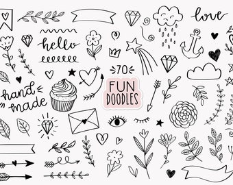 Doodles Hand Drawn clip art commercial use, bullet journal clipart, floral clipart, heart doodle, Valentine's Day clipart, planner icons