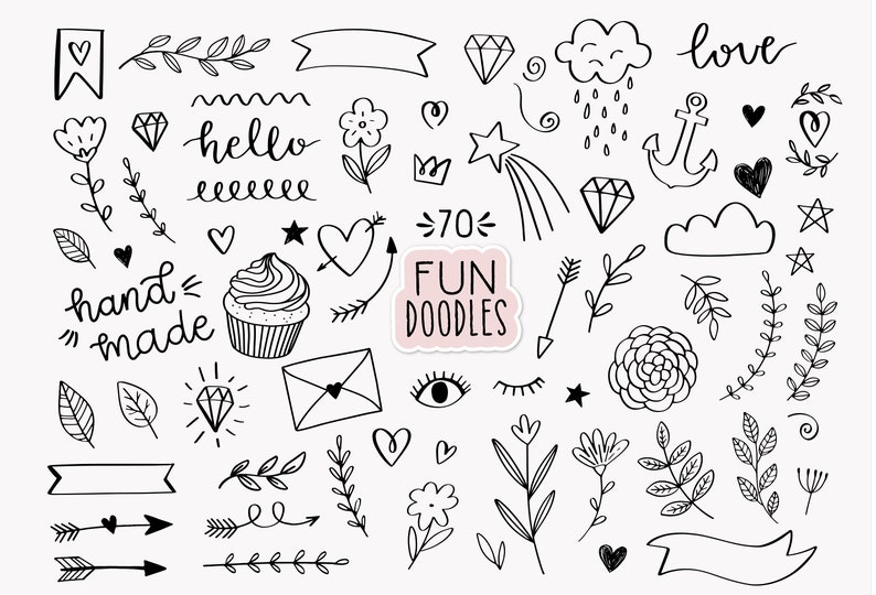 Doodles Hand Drawn clip art commercial use, bullet journal clipart, floral clipart, heart doodle, Valentine's Day clipart, planner icons image 1