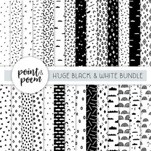 May include: A set of 30 black and white digital paper patterns. The patterns include geometric shapes, lines, and abstract designs. The text "point & poem" is at the top of the image.