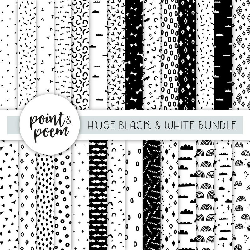 May include: A set of 30 black and white digital paper patterns. The patterns include geometric shapes, lines, and abstract designs. The text "point & poem" is at the top of the image.