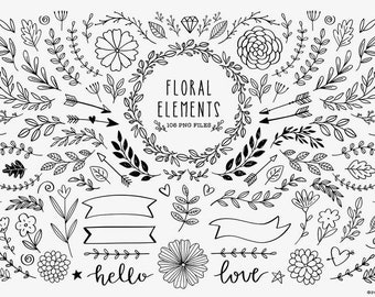 Hand Drawn clip art commercial use, rustic floral clipart, dividers, borders, laurels, arrows, doodle