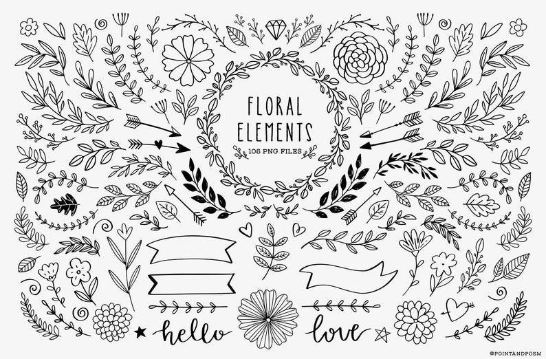 May include: A set of 108 black and white floral design elements, including wreaths, branches, leaves, flowers, arrows, banners, and the words "hello" and "love".