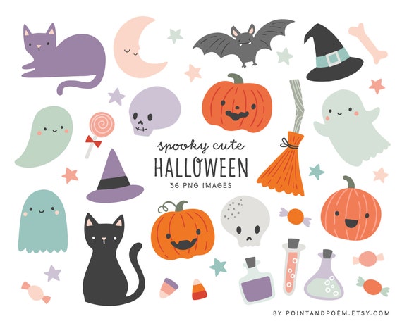 Cute Halloween clipart | Commercial use Kids Fun Halloween Clipart | cute  ghosts, pumpkins, cats, candy, bats | Cute Halloween graphics set