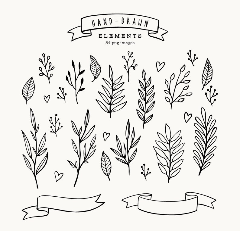 May include: A set of 16 hand-drawn black and white floral elements, including leaves, branches, and hearts. The elements are perfect for adding a touch of nature to your designs.