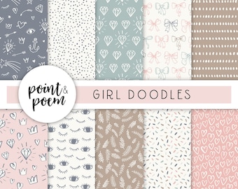 Girl Doodle Digital Papers, Pink & Blue Boho Scandi Digital Paper Pack, Hand drawn Patterns, Digital Scrapbooking, Commercial Use