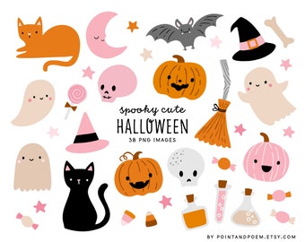 ピンクのハロウィン クリップアート | 商用利用可 レトロなハロウィン クリップアート | かわいい幽霊、カボチャ、猫、キャンディー、コウモリ | かわいいハロウィン グラフィック セット