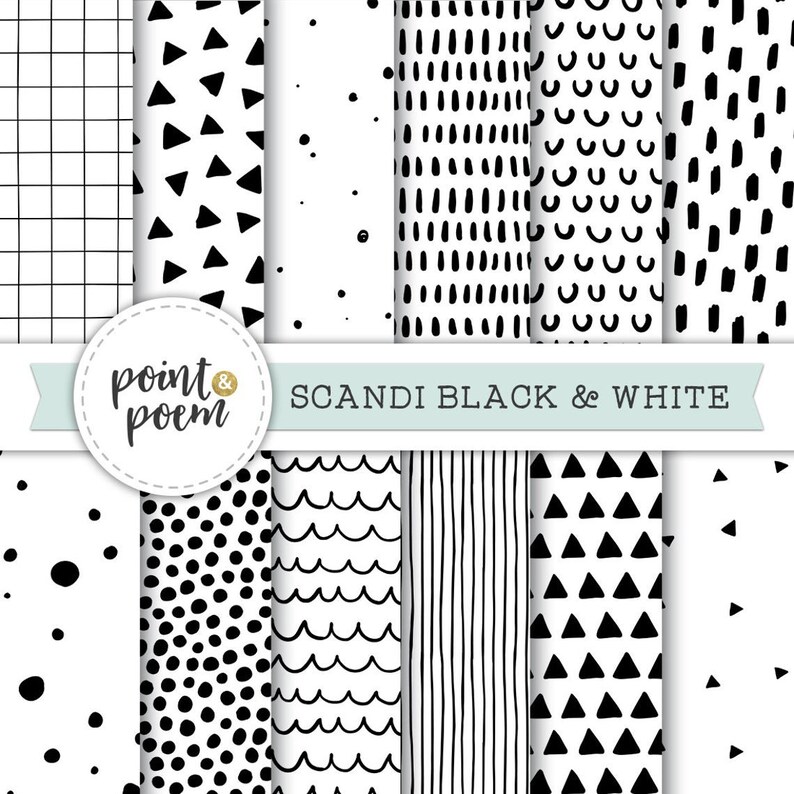 May include: Set of ten black and white digital paper patterns. The patterns include grid, triangles, dots, waves, lines, and more.
