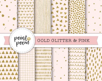 Gold Glitter Digital Paper, Gold and Pink Patterns, Background, Scrapbooking, Triangles, Stripes, Polka Dots - Commercial Use