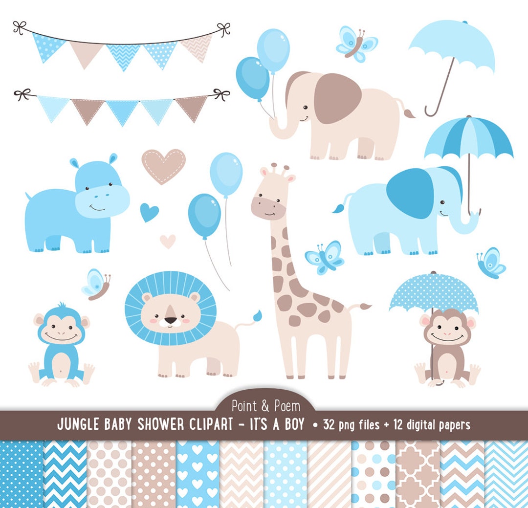 Baby Shower Clip Art, Jungle Animals, Baby Boy Clipart, It's a Boy Baby