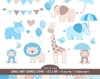 Baby Shower Clip Art, Jungle Animals, Baby Boy clipart, It's a boy Baby Shower, Cute Jungle, Baby Shower - Commercial Use