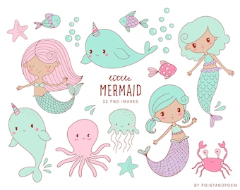 Pode incluir: Um conjunto de 22 ilustrações digitais com lindas sereias de desenho animado, narvais, medusas, estrelas do mar, caranguejos e peixes. As ilustrações estão em uma paleta de cores pastel e têm um estilo caprichoso, desenhado à mão. O texto "little mermaid" e "22 PNG images" está incluído na imagem.