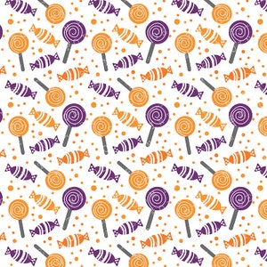May include: A repeating pattern on a white background featuring orange and purple lollipops with spiral designs and wrapped candies with striped patterns, interspersed with small orange and purple dots throughout the entire graphic design.