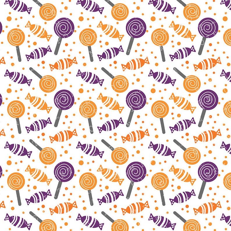 May include: A repeating pattern on a white background featuring orange and purple lollipops with spiral designs and wrapped candies with striped patterns, interspersed with small orange and purple dots throughout the entire graphic design.