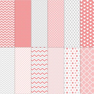 May include: A set of 12 digital paper patterns in pink and gray. The patterns include chevron, polka dots, stripes, hearts, and geometric designs.