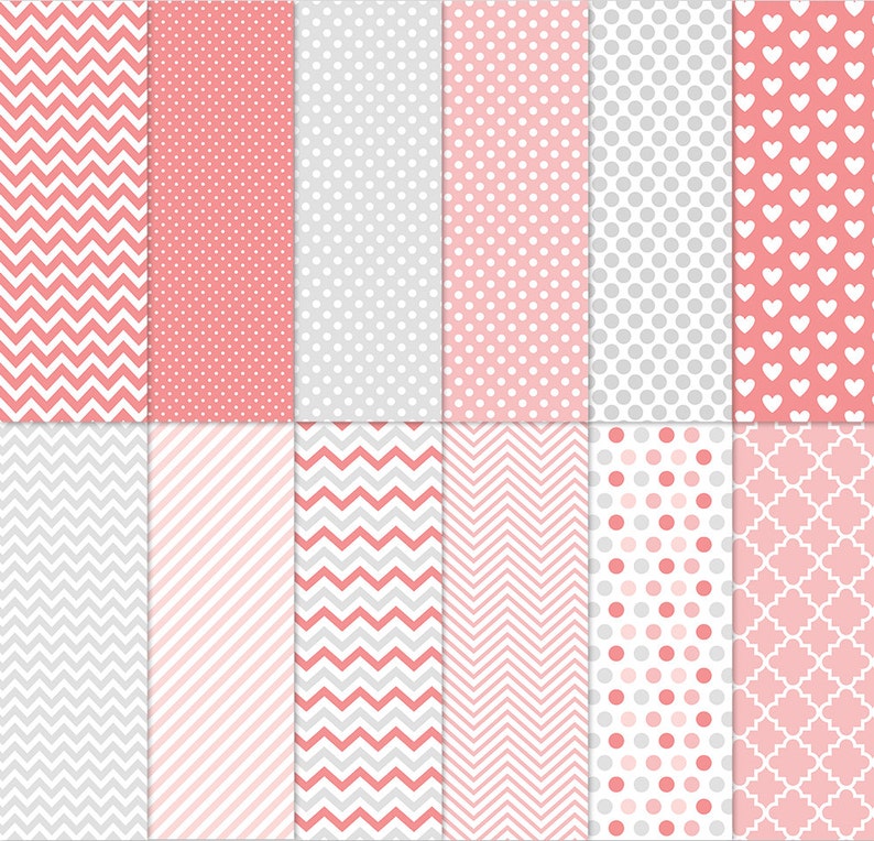May include: A set of 12 digital paper patterns in pink and gray. The patterns include chevron, polka dots, stripes, hearts, and geometric designs.