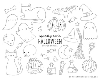 Cute Halloween Digital Stamps clipart | Commercial use Kids Fun Halloween Clipart | cute ghost, pumpkin, cat, candy, bat | Instant Download