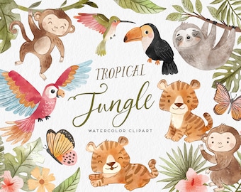 Jungle Animals Watercolor clipart, Cute tropical clipart, Rainforest Digital Clip Art, Jungle baby shower, Jungle Nursery, Sloth, Monkey