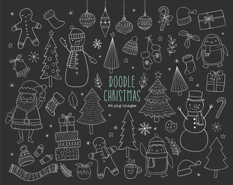 Doodle Christmas clipart commercial use , Chalkboard Hand Drawn Winter Clip art, Holidays, Xmas ornaments, snowflakes, christmas tree