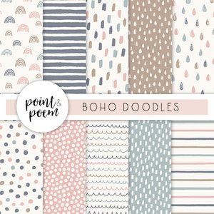 May include: Set of 10 digital paper patterns featuring boho doodle designs in pink, blue, brown, and white. The patterns include rainbows, stripes, polka dots, waves, and raindrops. The text "BOHO DOODLES" is displayed at the top of the image.