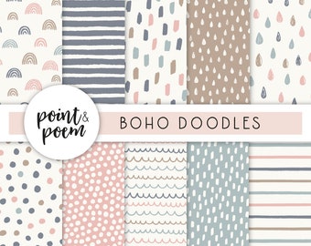 Doodle Digital Papers, Pink & Blue Boho Scandi Digital Paper Pack, Hand drawn Patterns, Digital Scrapbooking, Commercial Use