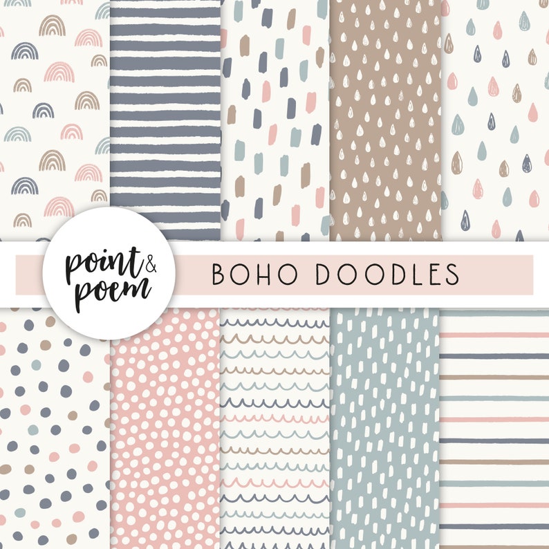Doodle Digital Papers, Pink & Blue Boho Scandi Digital Paper Pack, Hand ...