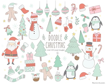 Christmas clip art commercial use, Doodle Winter Clipart, Scandinavian Holidays, Xmas ornaments, snowflakes, santa, christmas tree
