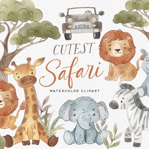 Safari-Aquarell-Clipart, süße Safari-Tiere, digitale ClipArt, Safari-Babyparty, Safari-Kinderzimmer, Afrikaner, Löwe, Zebra, Giraffe, Nilpferd