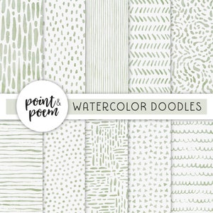 Papeles digitales de acuarela, salvia verde acuarela Doodles paquete de papel digital, patrones dibujados a mano, Scrapbooking digital, uso comercial