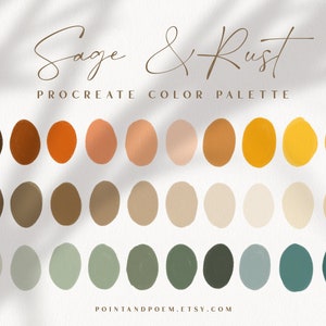 May include: Sage & Rust Procreate Color Palette features 24 colour swatches in shades of brown, orange, peach, yellow, beige, green, blue, and teal. The colour palette is displayed on a white background.