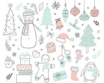 Christmas clip art, Doodle Winter Clipart, Scandinavian Holidays, Xmas ornaments, snowflakes, santa, christmas tree, commercial use
