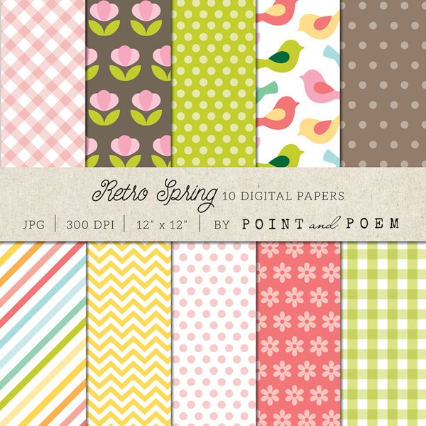 Spring Digital Paper, Flowers Bird, Pink, Green, Yellow, Polka Dots, Chevron, Stripes, Scrapbooking - Commercial Use