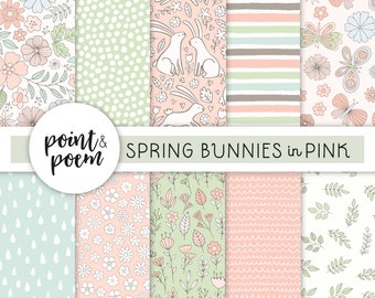 Easter Digital Papers, Spring Digital Papers, Doodle Rabbits and Flowers, Pink & Green Digital Paper, Hand drawn Patterns, Commercial Use