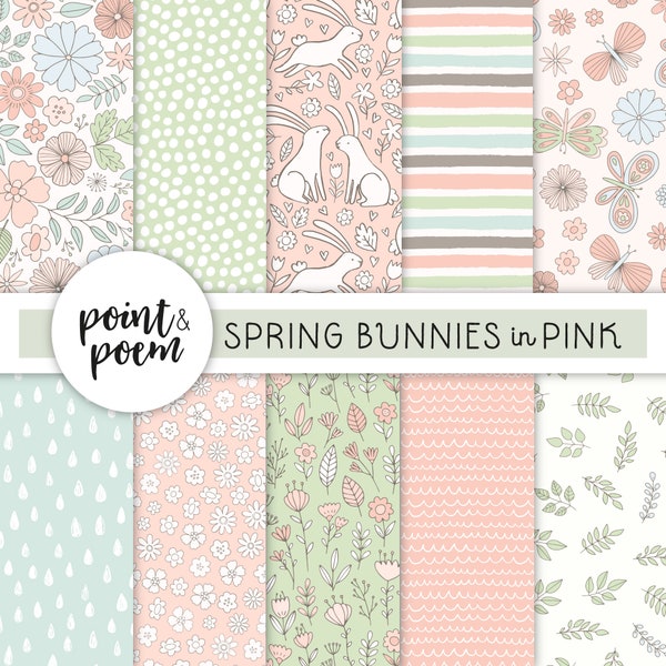Easter Digital Papers, Spring Digital Papers, Doodle Rabbits and Flowers, Pink & Green Digital Paper, Hand drawn Patterns, Commercial Use