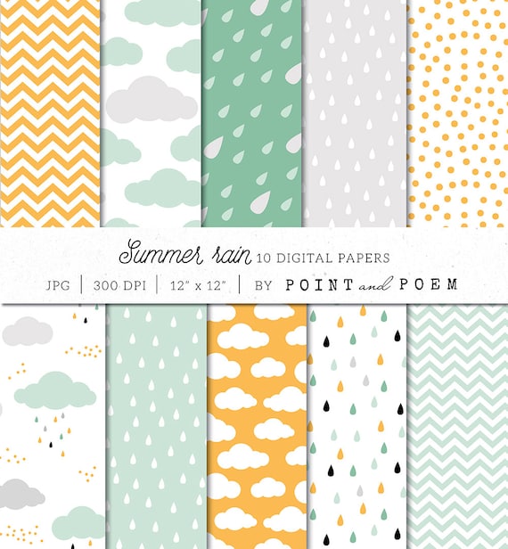 Clouds Digital Paper Pack, Summer Digital Paper, Rain, Chevron, Polka dot, Geometric - Commercial Use