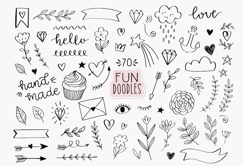 Doodles Hand Drawn clip art commercial use, bullet journal clipart, floral clipart, heart doodle, Valentine's Day clipart, planner icons image 2