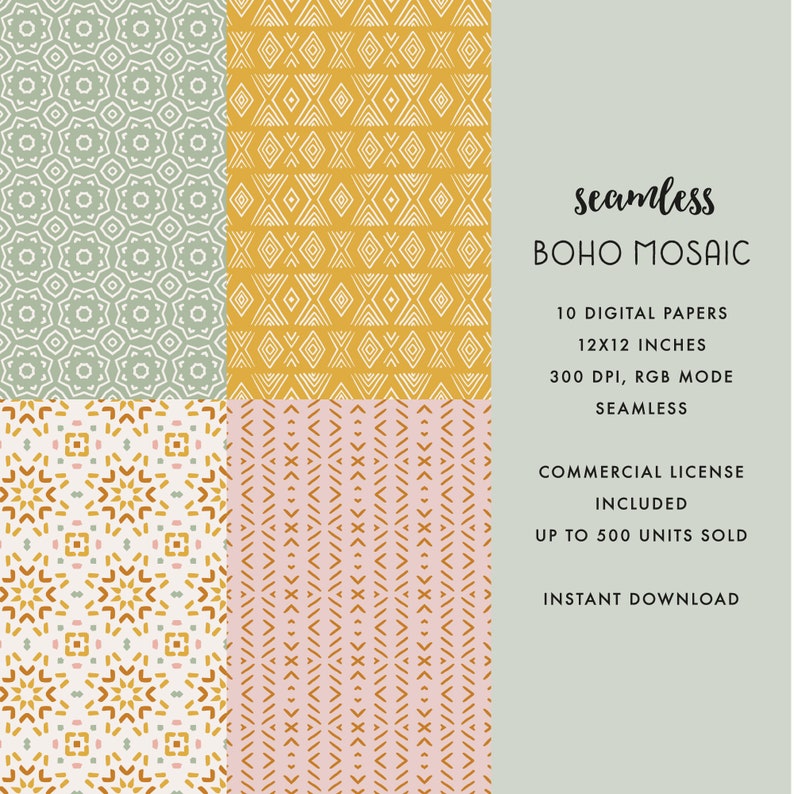 May include: A set of 10 digital papers featuring seamless geometric patterns in shades of green, yellow, pink, and white. The patterns are inspired by boho and mosaic styles. The papers are 30.5 x 30.5 cm and 300 DPI.