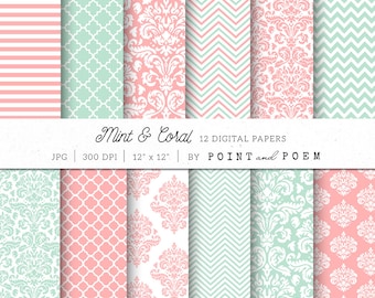 Damask Digital Paper, Corail, Menthe, rose, damas, aqua, sarcelle, mariage, chevron, rayures - Utilisation commerciale