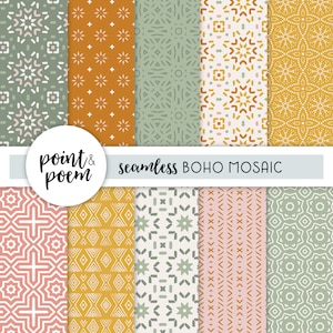 May include: Set of 10 seamless digital paper patterns in a boho mosaic style. The patterns feature geometric shapes in shades of green, orange, pink, and white.