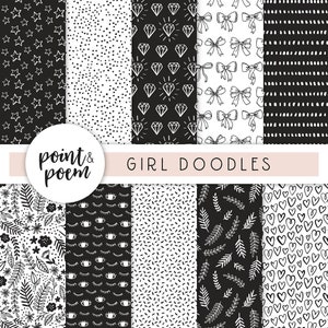 May include: A set of 10 black and white digital paper patterns with various doodle designs, including stars, diamonds, bows, eyes, leaves, hearts, and polka dots. The text "point & poem" and "GIRL DOODLES" is included in the image.