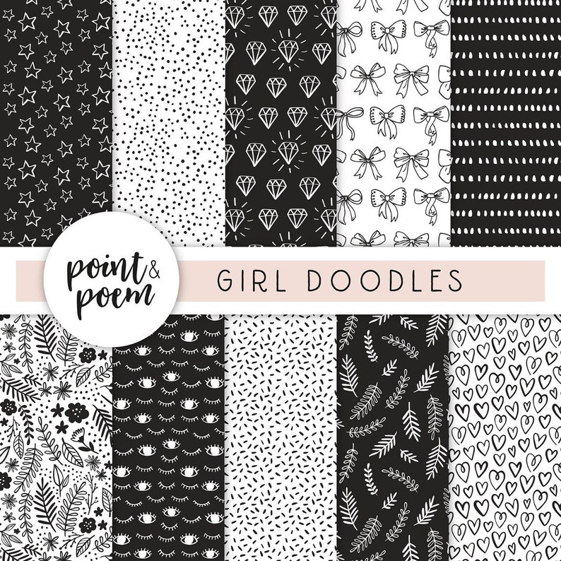 May include: A set of 10 black and white digital paper patterns with various doodle designs, including stars, diamonds, bows, eyes, leaves, hearts, and polka dots. The text "point & poem" and "GIRL DOODLES" is included in the image.