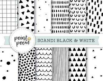 Pacchetto di carta digitale in bianco e nero, modelli scarabocchi scandinavi, documenti digitali, carta Scrapbooking, motivo disegnato a mano, download digitale