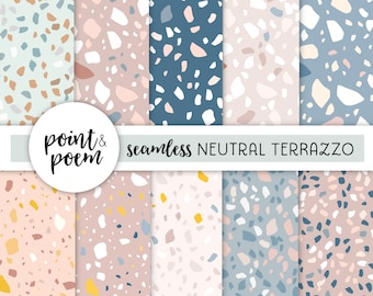 Terrazzo Seamless Digital Papers, Dusty Blue Pink Rock Marble Digital Paper Pack, Neutral Pattern, Digital Scrapbooking Paper,Commercial Use
