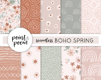 Floral Digital Papers, Spring Digital Papers, Boho Patterns, Pink Cream Mint Digital Paper, Hand drawn Doodle Patterns, Commercial Use