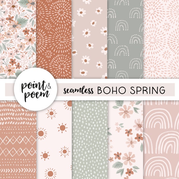 Floral Digital Papers, Spring Digital Papers, Boho Patterns, Pink Cream Mint Digital Paper, Hand drawn Doodle Patterns, Commercial Use