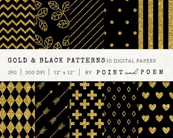 Gold Digital Paper, Gold Glitter Patterns, Background, Scrapbooking, Chevron, Stripes - Commercial Use